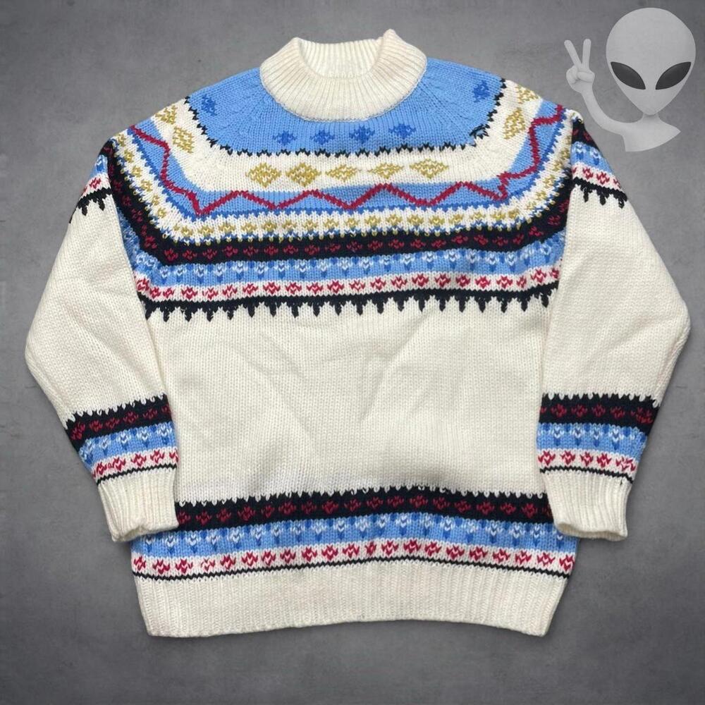 Vintage 70s Grants Mens Medium Fair Isle Ski Sweater Cream Blue Ribbed Knit - Picture 3 of 7